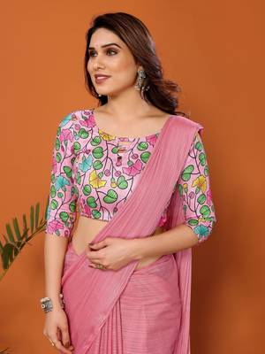  Style Solid Rose Partywear Saree With Smart Digital Printed Blouse 3