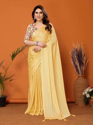  Style Solid Yellow Partywear Saree With Smart Digital Printed Blouse 1