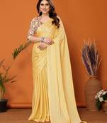 Bollywood Style Solid Yellow Partywear Saree With Smart Digital Printed Blouse