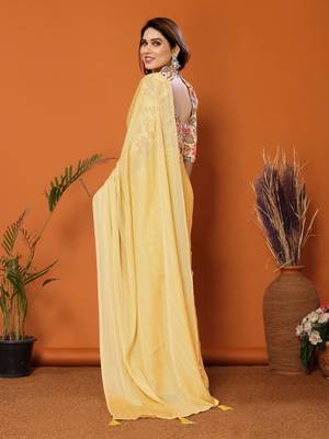  Style Solid Yellow Partywear Saree With Smart Digital Printed Blouse 2