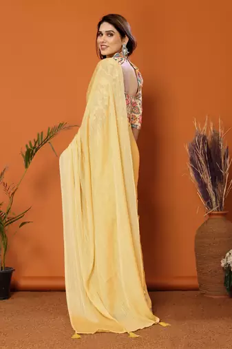  Style Solid Yellow Partywear Saree With Smart Digital Printed Blouse