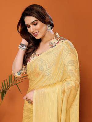  Style Solid Yellow Partywear Saree With Smart Digital Printed Blouse 3
