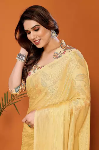  Style Solid Yellow Partywear Saree With Smart Digital Printed Blouse