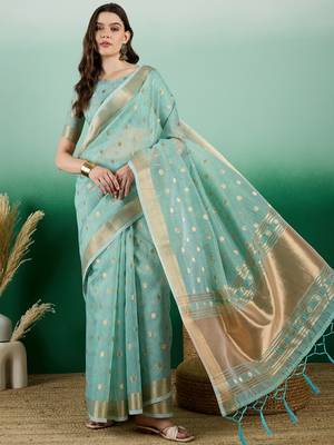 Sky Blue Khadi Organzac Zari Woven Jacquard Desgigner Partywear Saree 1