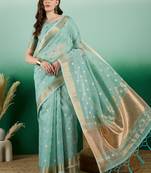 Sky Blue Khadi Organzac Premium Zari Woven Jacquard Desgigner Partywear Saree