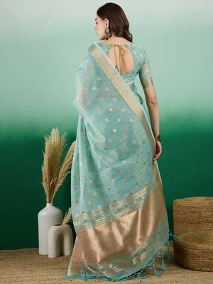Sky Blue Khadi Organzac Zari Woven Jacquard Desgigner Partywear Saree 2