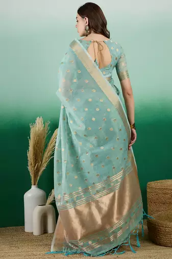 Sky Blue Khadi Organzac Zari Woven Jacquard Desgigner Partywear Saree