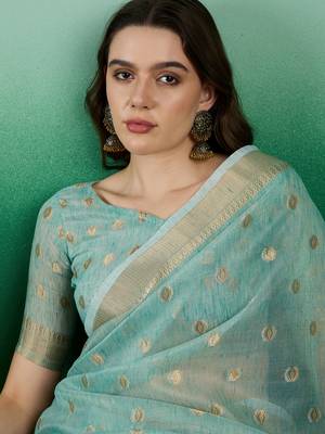 Sky Blue Khadi Organzac Zari Woven Jacquard Desgigner Partywear Saree 3