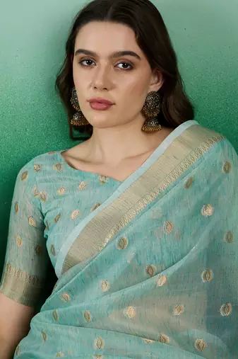 Sky Blue Khadi Organzac Zari Woven Jacquard Desgigner Partywear Saree