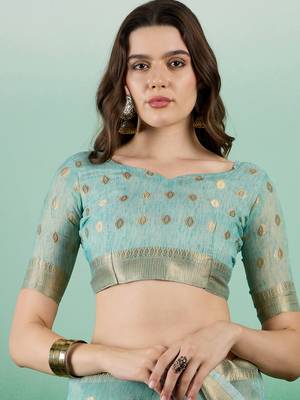 Sky Blue Khadi Organzac Zari Woven Jacquard Desgigner Partywear Saree 4