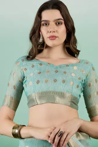 Sky Blue Khadi Organzac Zari Woven Jacquard Desgigner Partywear Saree