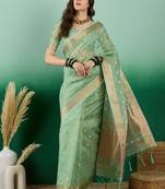 Green Khadi Organzac Premium Zari Woven Jacquard Desgigner Partywear Saree