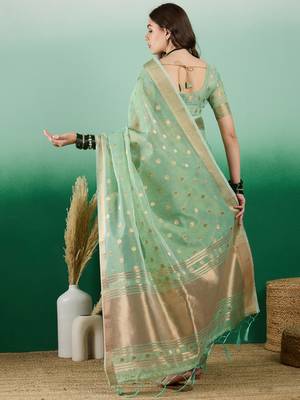 Green Khadi Organzac Zari Woven Jacquard Desgigner Partywear Saree 2