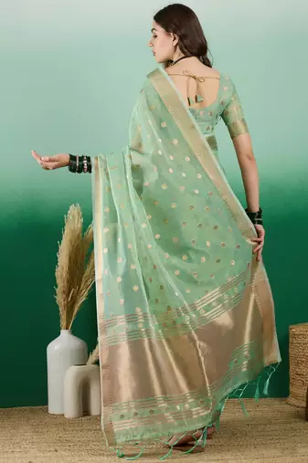 Green Khadi Organzac Zari Woven Jacquard Desgigner Partywear Saree