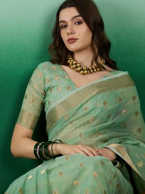 Green Khadi Organzac Zari Woven Jacquard Desgigner Partywear Saree 3