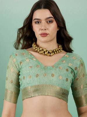 Green Khadi Organzac Zari Woven Jacquard Desgigner Partywear Saree 4