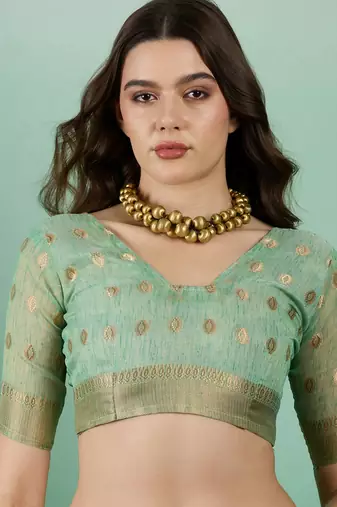 Green Khadi Organzac Zari Woven Jacquard Desgigner Partywear Saree