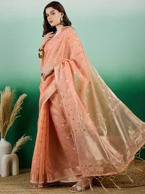 Orange Khadi Organzac Zari Woven Jacquard Desgigner Partywear Saree 1