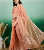 Orange Khadi Organzac Premium Zari Woven Jacquard Desgigner Partywear Saree