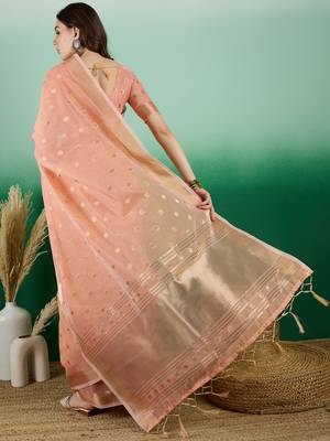 Orange Khadi Organzac Zari Woven Jacquard Desgigner Partywear Saree 2