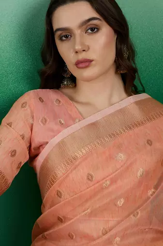 Orange Khadi Organzac Zari Woven Jacquard Desgigner Partywear Saree