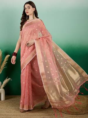 Peach Khadi Organzac Zari Woven Jacquard Desgigner Partywear Saree 1