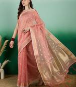 Peach Khadi Organzac Premium Zari Woven Jacquard Desgigner Partywear Saree