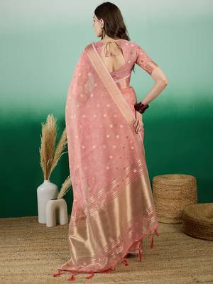 Peach Khadi Organzac Zari Woven Jacquard Desgigner Partywear Saree 2