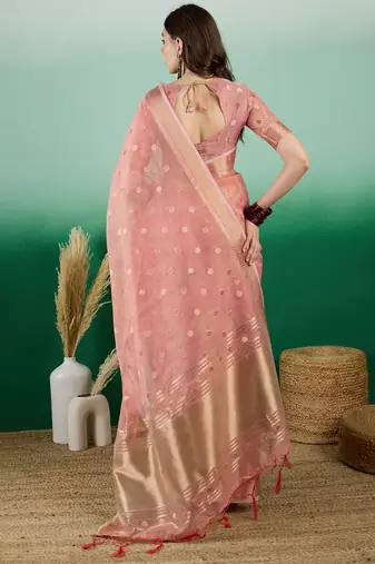 Peach Khadi Organzac Zari Woven Jacquard Desgigner Partywear Saree
