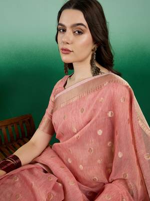 Peach Khadi Organzac Zari Woven Jacquard Desgigner Partywear Saree 3
