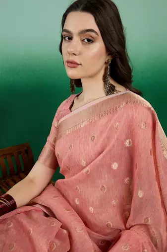 Peach Khadi Organzac Zari Woven Jacquard Desgigner Partywear Saree