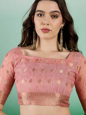 Peach Khadi Organzac Zari Woven Jacquard Desgigner Partywear Saree 4