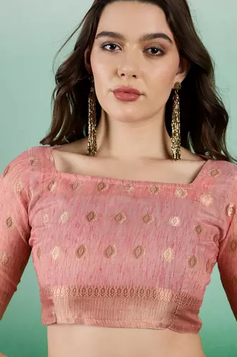 Peach Khadi Organzac Zari Woven Jacquard Desgigner Partywear Saree
