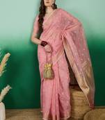 Pink Khadi Organzac Premium Zari Woven Jacquard Desgigner Partywear Saree