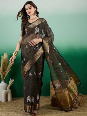 Blue Khadi Organza c Resham Work Saree With Zari Woven Partywear Saree 1