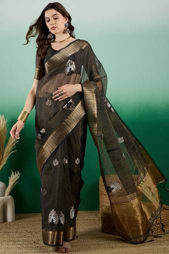 Blue Khadi Organza c Resham Work Saree With Zari Woven Partywear Saree