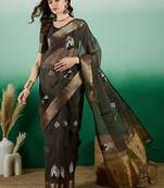 Blue Khadi Organza c Resham Work Saree With Zari Woven Partywear Saree