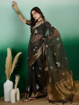 Blue Khadi Organza c Resham Work Saree With Zari Woven Partywear Saree 4