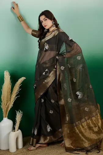 Blue Khadi Organza c Resham Work Saree With Zari Woven Partywear Saree