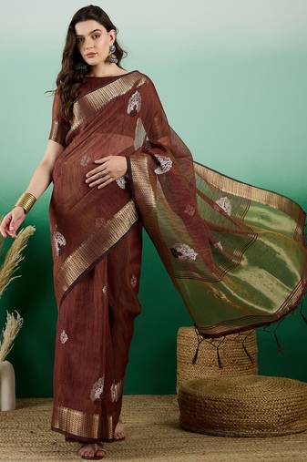 Brown Khadi Organza c Resham Work Saree With Zari Woven Partywear Saree