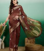 Brown Khadi Organza c Resham Work Saree With Zari Woven Partywear Saree