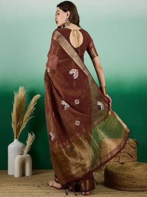 Brown Khadi Organza c Resham Work Saree With Zari Woven Partywear Saree 2