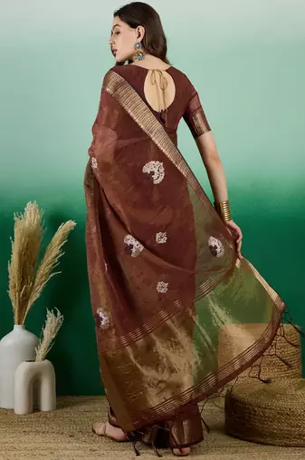 Brown Khadi Organza c Resham Work Saree With Zari Woven Partywear Saree