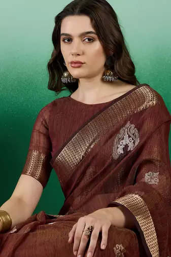 Brown Khadi Organza c Resham Work Saree With Zari Woven Partywear Saree