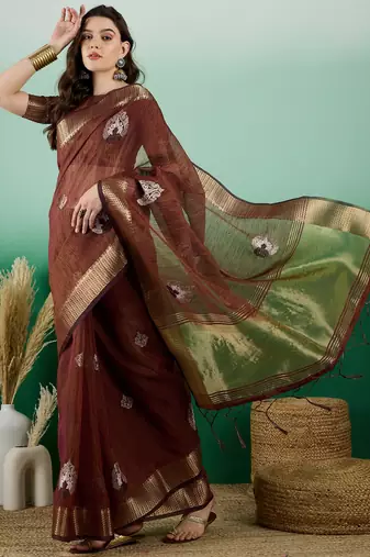 Brown Khadi Organza c Resham Work Saree With Zari Woven Partywear Saree
