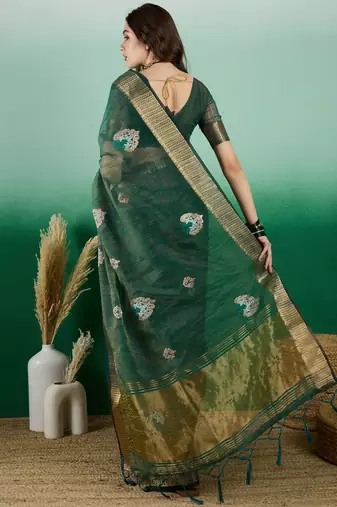 Green Khadi Organza c Resham Work Saree With Zari Woven Partywear Saree