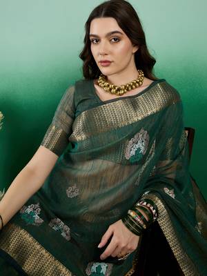 Green Khadi Organza c Resham Work Saree With Zari Woven Partywear Saree 3
