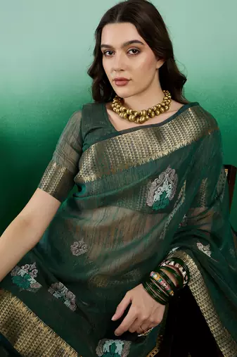 Green Khadi Organza c Resham Work Saree With Zari Woven Partywear Saree