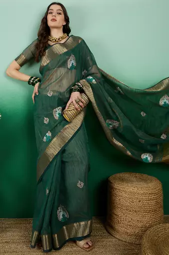 Green Khadi Organza c Resham Work Saree With Zari Woven Partywear Saree