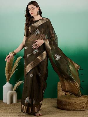 Mahendi Khadi Organza c Resham Work Saree With Zari Woven Partywear Saree 1
